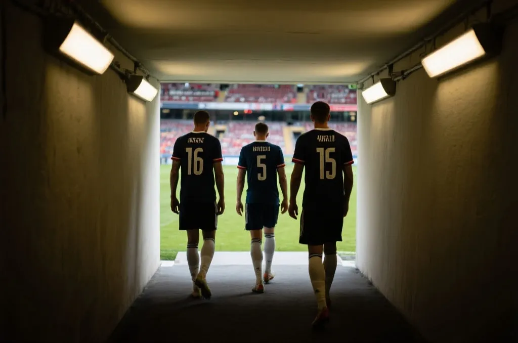 德国国家队球员背影走向球场的画面,象征传统强队与世界杯舞台的关系